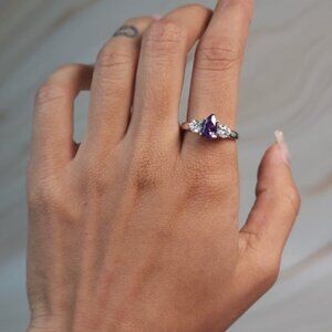 Simulated Amethyst & Lab Grown Diamond Pear Round ring .925 Sterling Silver